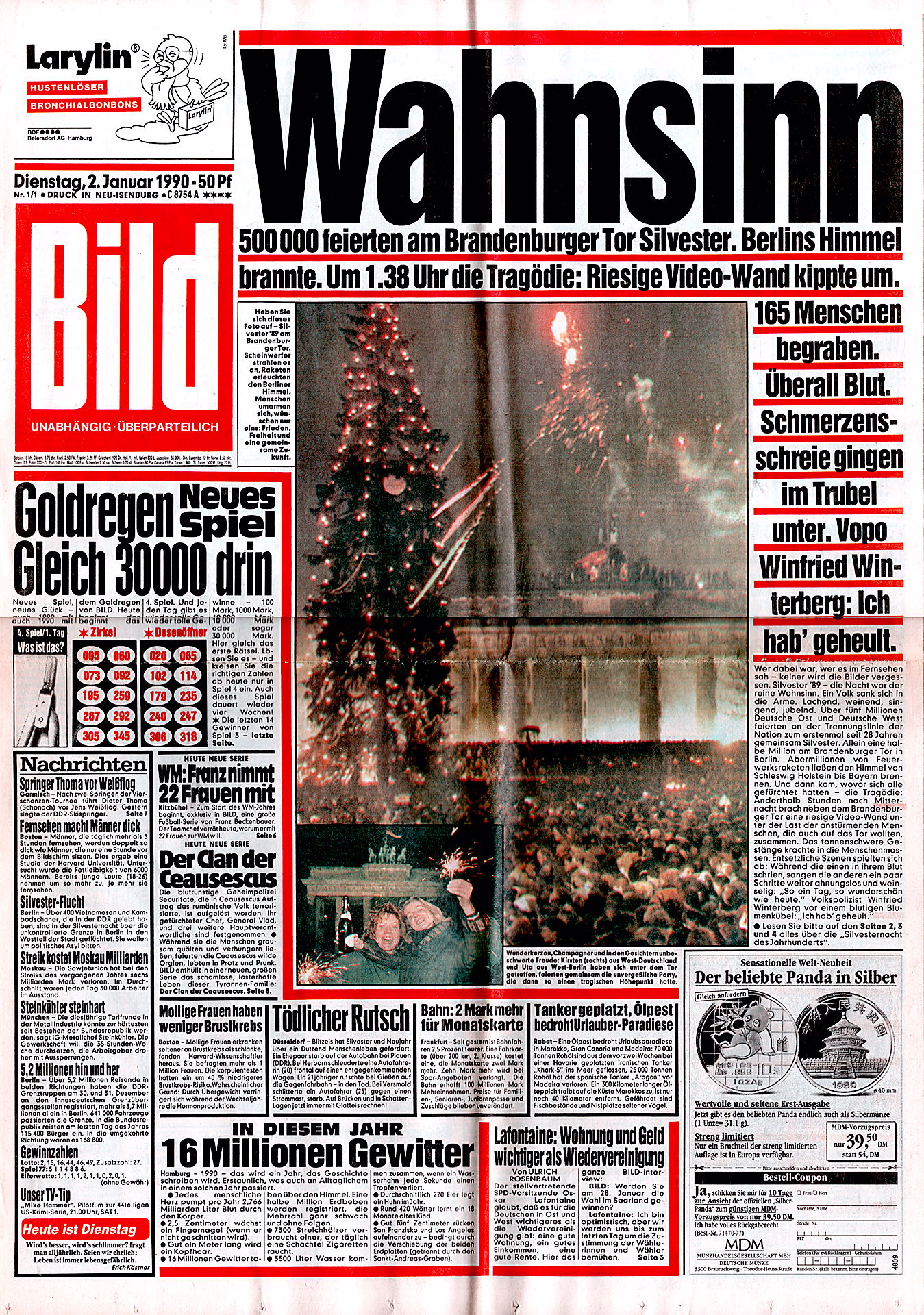 Bildzeitung - Wahnsinn - 500 000 feierten am Brandenburger Tor Silvester - Axel Springer (gest. 1985) Bildzeitung - Wahnsinn - 500 000 feierten am Brandenburger Tor Silvester - Axel Springer (gest. 1985)
